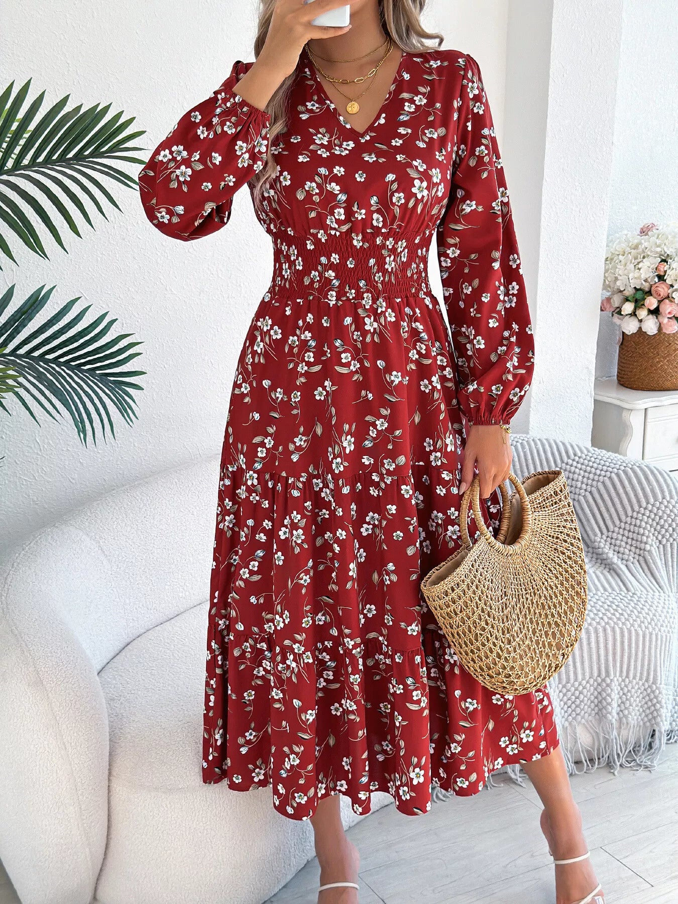 Hazel Blues® |  Floral Print Long Sleeve V-Neck Midi Dress
