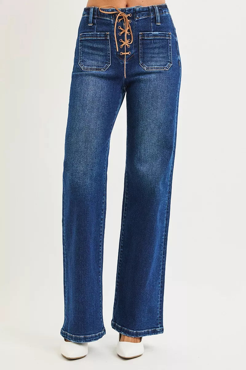 Hazel Blues® | RISEN High Rise Wide Leg Jeans with Front Tie Detail