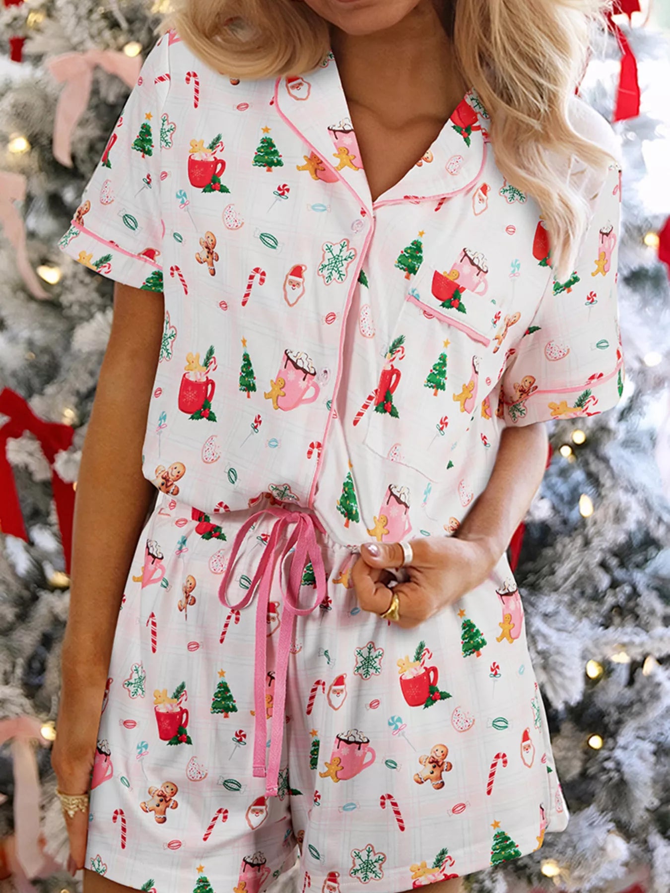 Hazel Blues® |  Christmas Print Button Up Top and Shorts Lounge Set