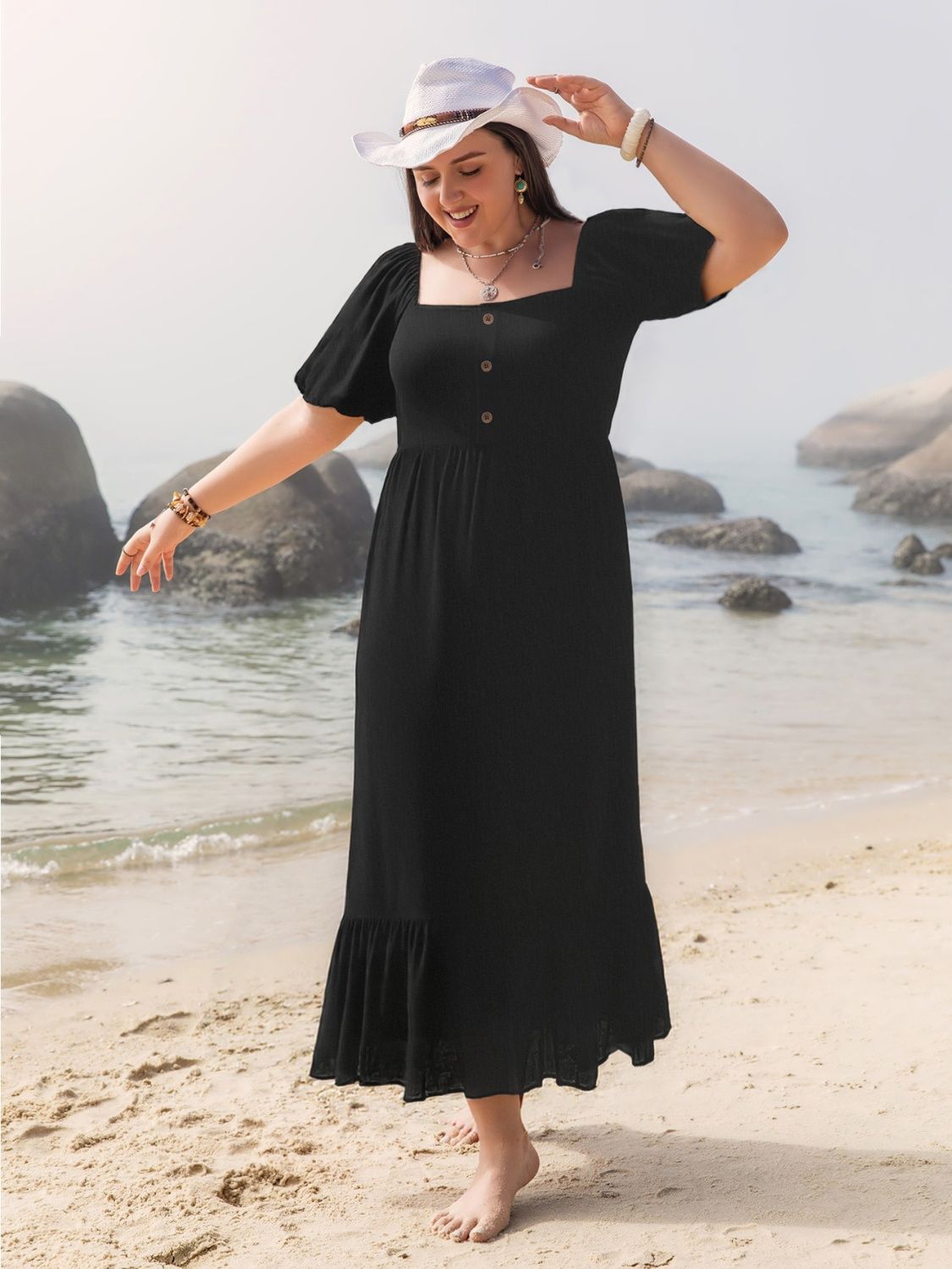 Hazel Blues® | Ruffled Hem Square Neck Short Sleeve Dress