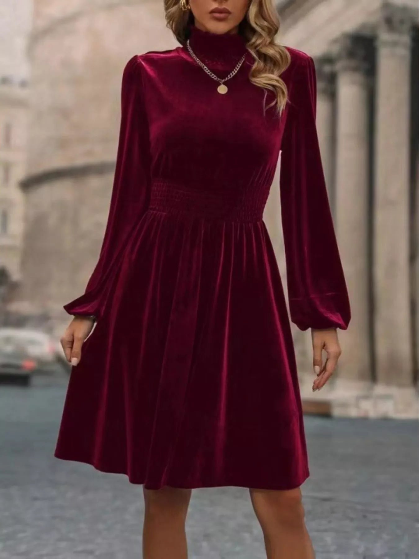 Hazel Blues® |  Velvet High Neck Long Sleeve A-Line Dress