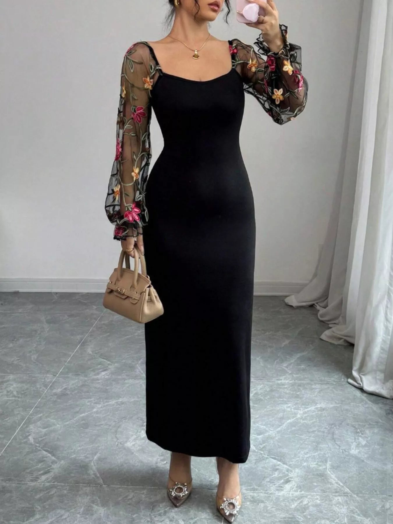 Hazel Blues® |  Sheer Floral Mesh Sleeves Bodycon Dress