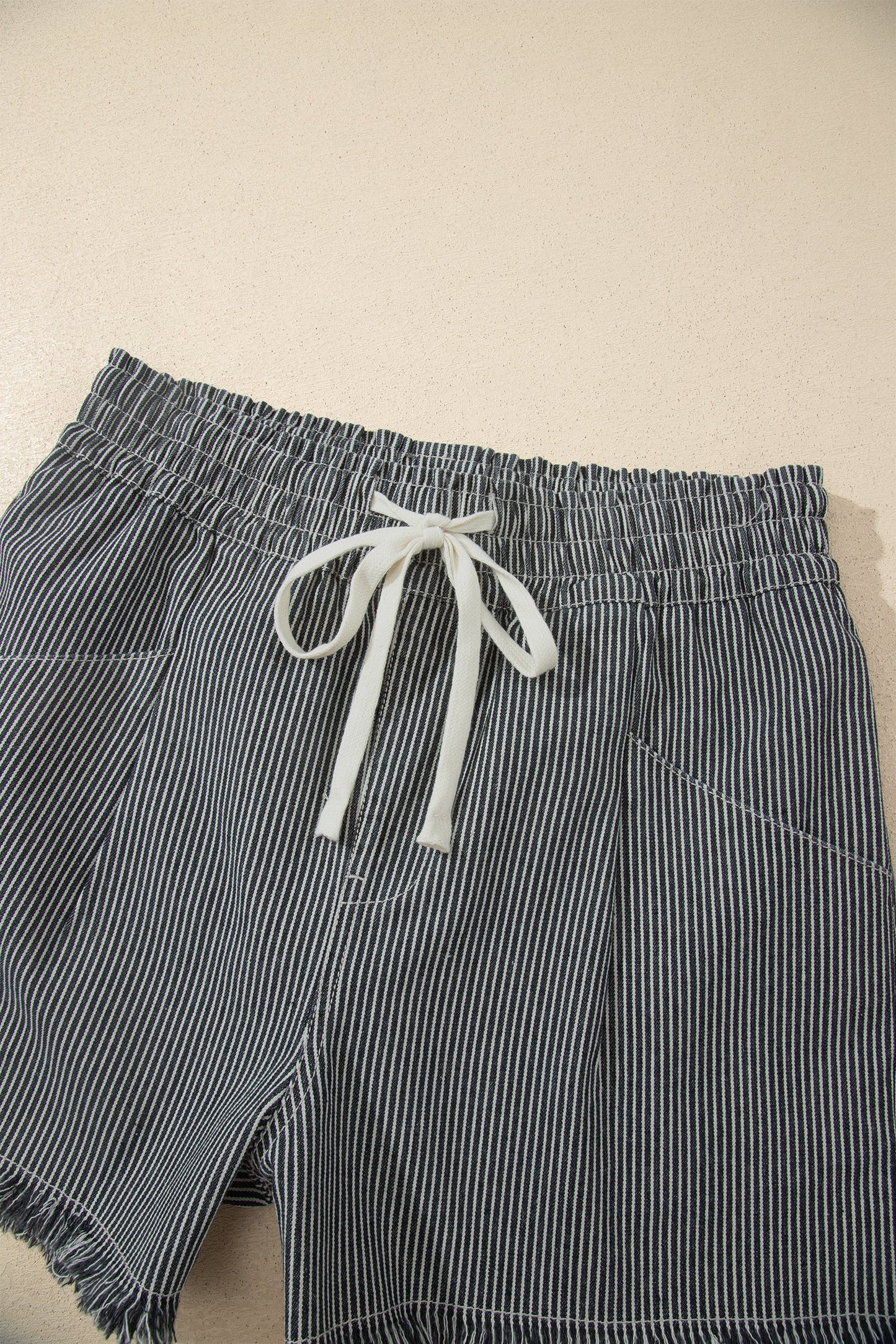 Hazel Blues® |  Black Stripe Raw Edge Drawstring Elastic Waist Casual Denim Shorts