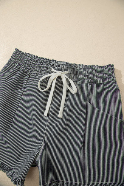 Hazel Blues® |  Black Stripe Raw Edge Drawstring Elastic Waist Casual Denim Shorts