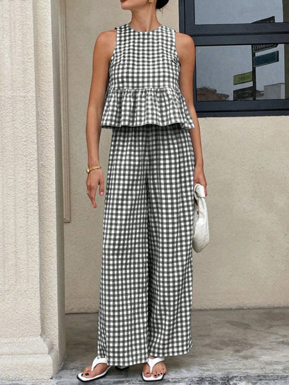 Hazel Blues® |  Gingham Sleeveless Top and Wide-Leg Pants Set