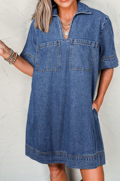Hazel Blues® |  Short Sleeve Collared Patched Pocket Denim Mini Dress