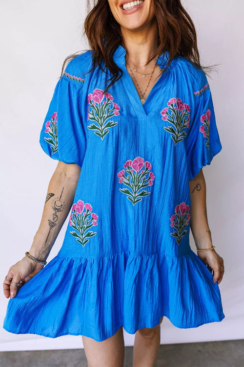 Hazel Blues® |  Flower Embroidered Split Neck Short Puff Sleeve Ruffle Hem Dress