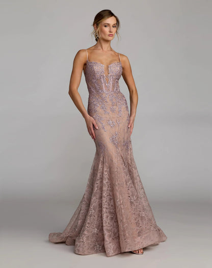 Pink Embroidered Lace Sleeveless Mermaid Gown
