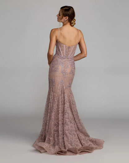 Pink Embroidered Lace Sleeveless Mermaid Gown