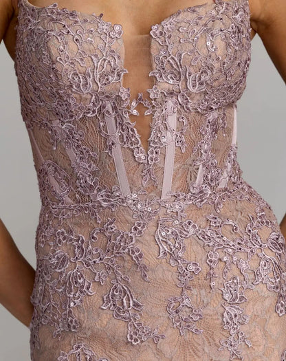 Pink Embroidered Lace Sleeveless Mermaid Gown