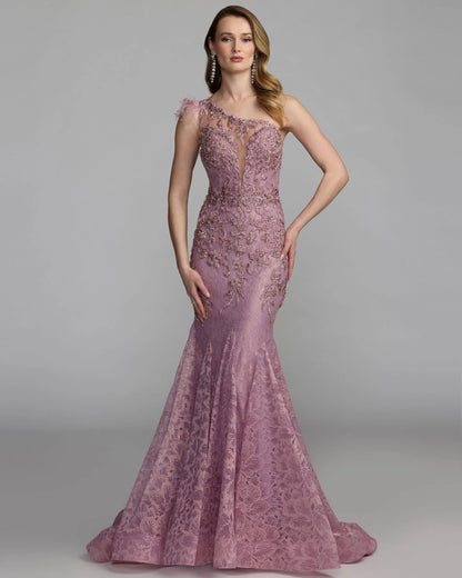 Pink Embellished Lace One Shoulder Gown With Feather Detail