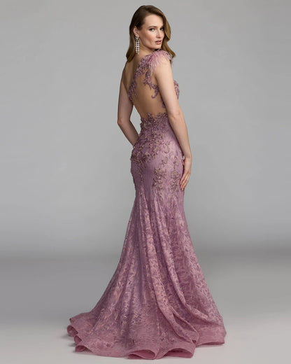 Pink Embellished Lace One Shoulder Gown With Feather Detail