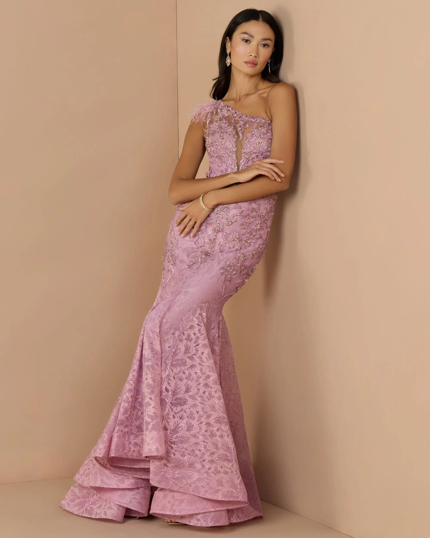 Pink Embellished Lace One Shoulder Gown With Feather Detail