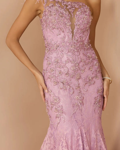 Pink Embellished Lace One Shoulder Gown With Feather Detail
