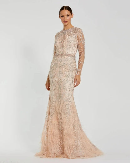 Pink Embroidered Long Sleeve Gown With Feather Hem
