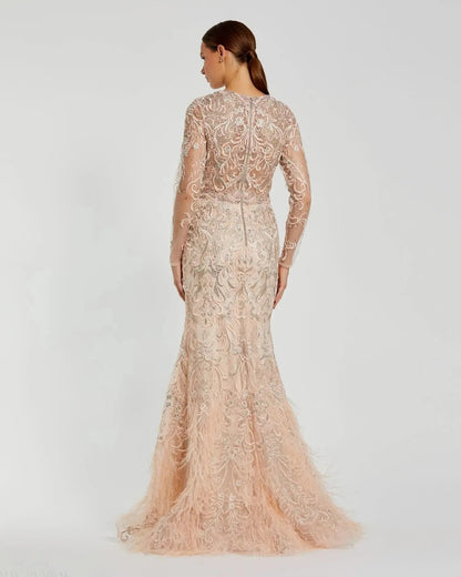 Pink Embroidered Long Sleeve Gown With Feather Hem