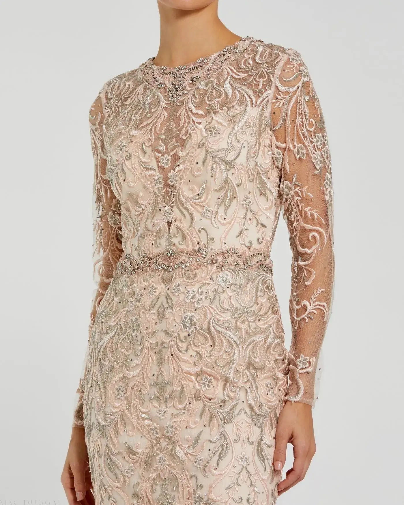 Pink Embroidered Long Sleeve Gown With Feather Hem