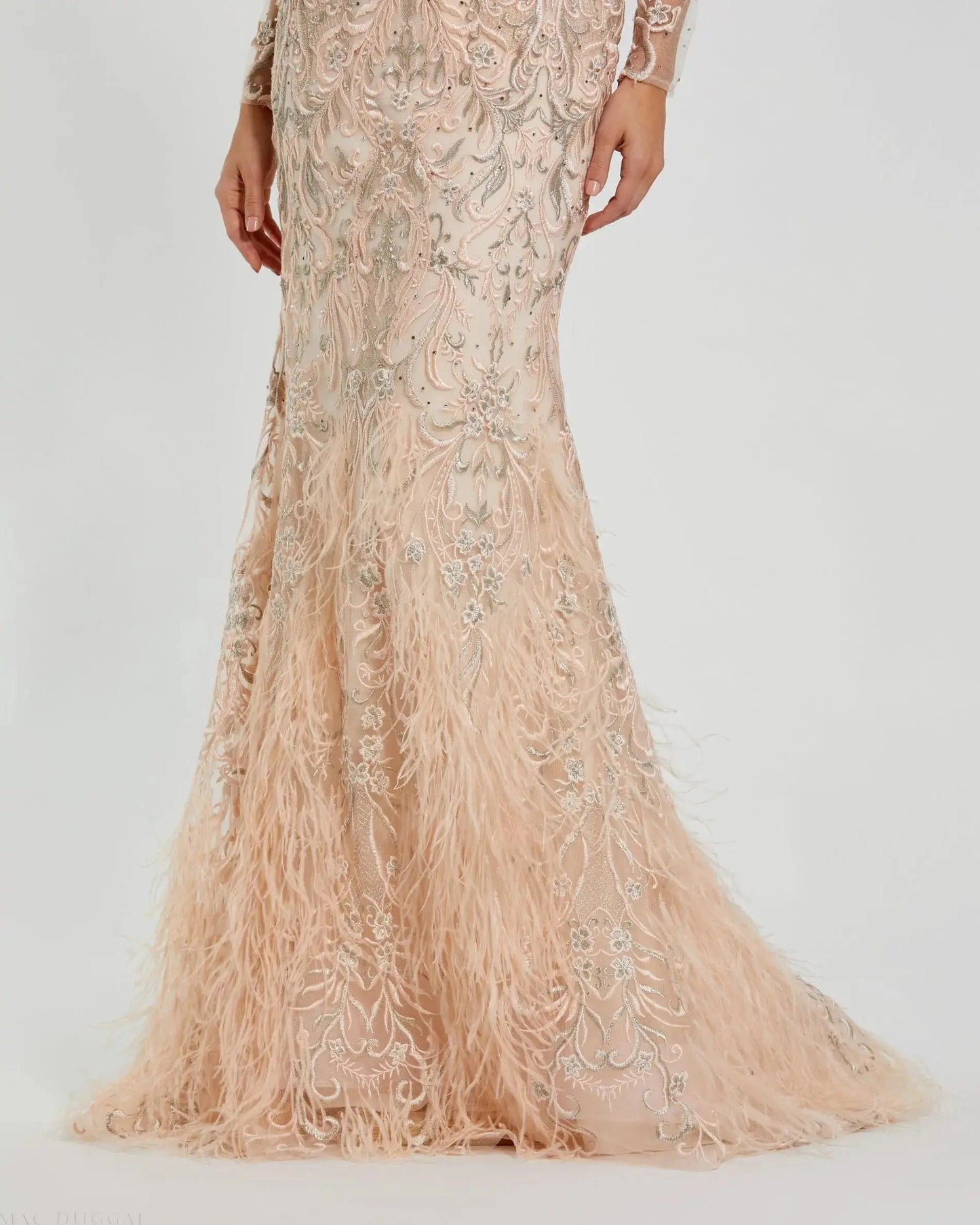 Pink Embroidered Long Sleeve Gown With Feather Hem
