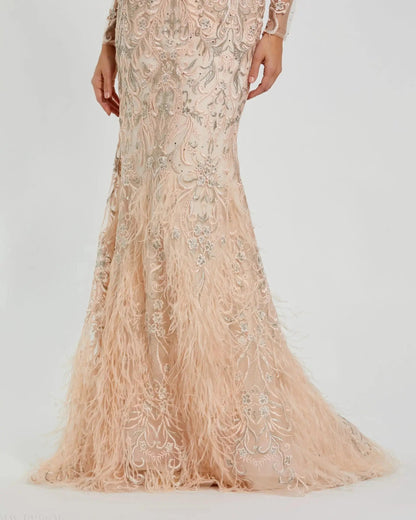 Pink Embroidered Long Sleeve Gown With Feather Hem