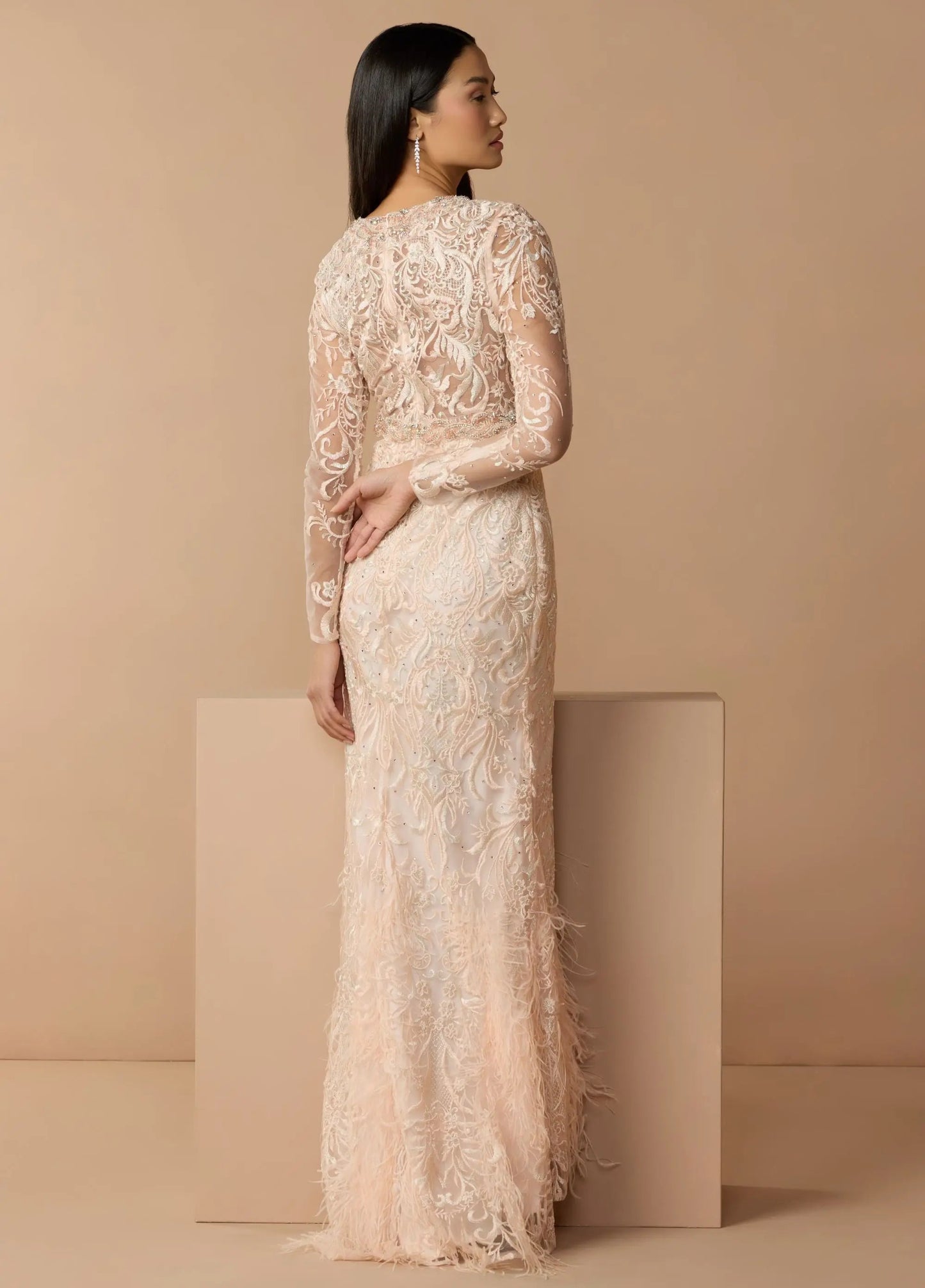 Pink Embroidered Long Sleeve Gown With Feather Hem
