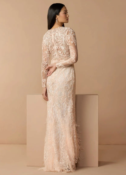 Pink Embroidered Long Sleeve Gown With Feather Hem