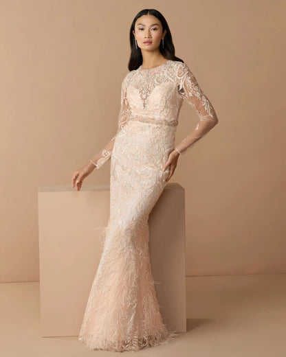 Pink Embroidered Long Sleeve Gown With Feather Hem
