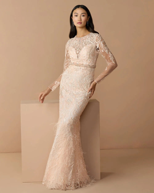 Pink Embroidered Long Sleeve Gown With Feather Hem