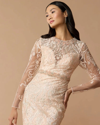 Pink Embroidered Long Sleeve Gown With Feather Hem