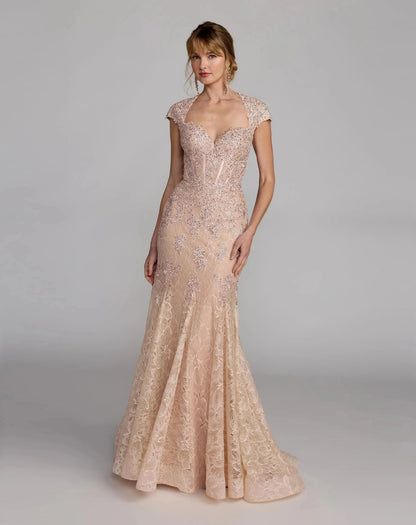 Pink Embroidered Lace Mermaid Gown With Cap Sleeves