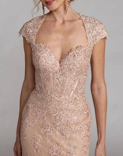 Pink Embroidered Lace Mermaid Gown With Cap Sleeves