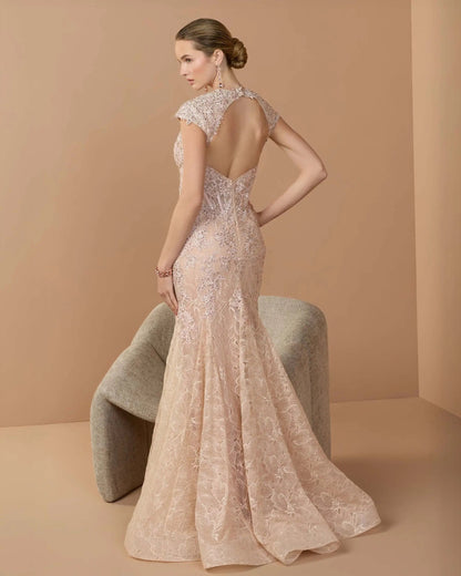 Pink Embroidered Lace Mermaid Gown With Cap Sleeves