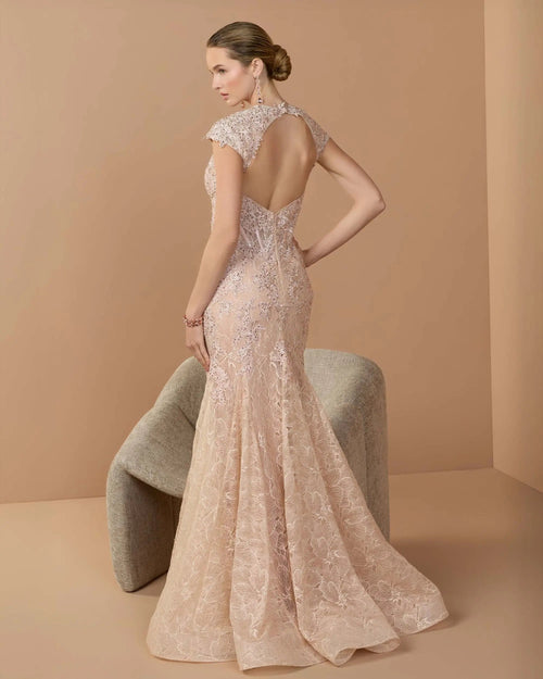Pink Embroidered Lace Mermaid Gown With Cap Sleeves