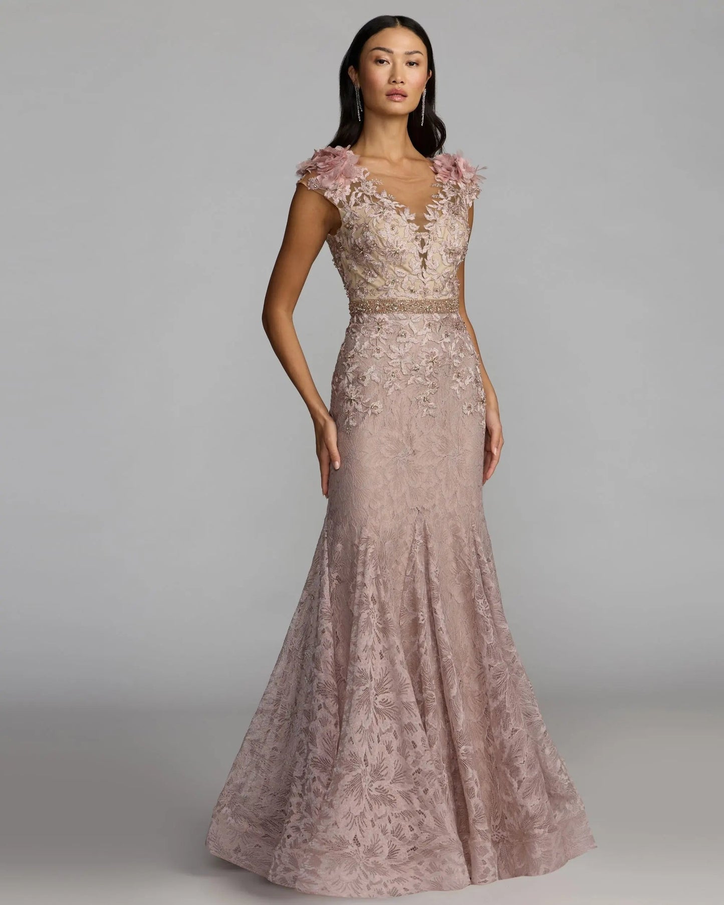 Pink Embellished Lace Illusion Neck Gown With 3D Flowers