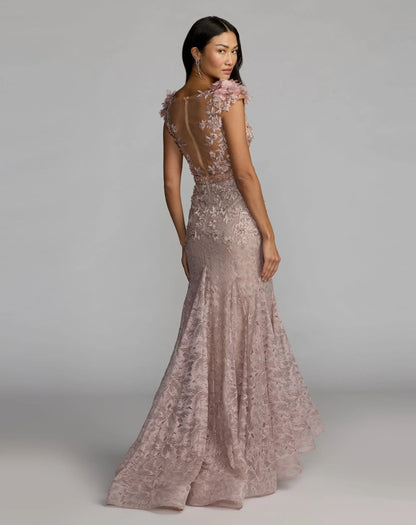 Pink Embellished Lace Illusion Neck Gown With 3D Flowers