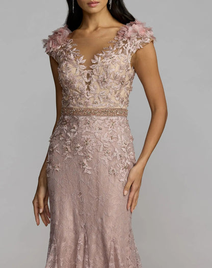 Pink Embellished Lace Illusion Neck Gown With 3D Flowers