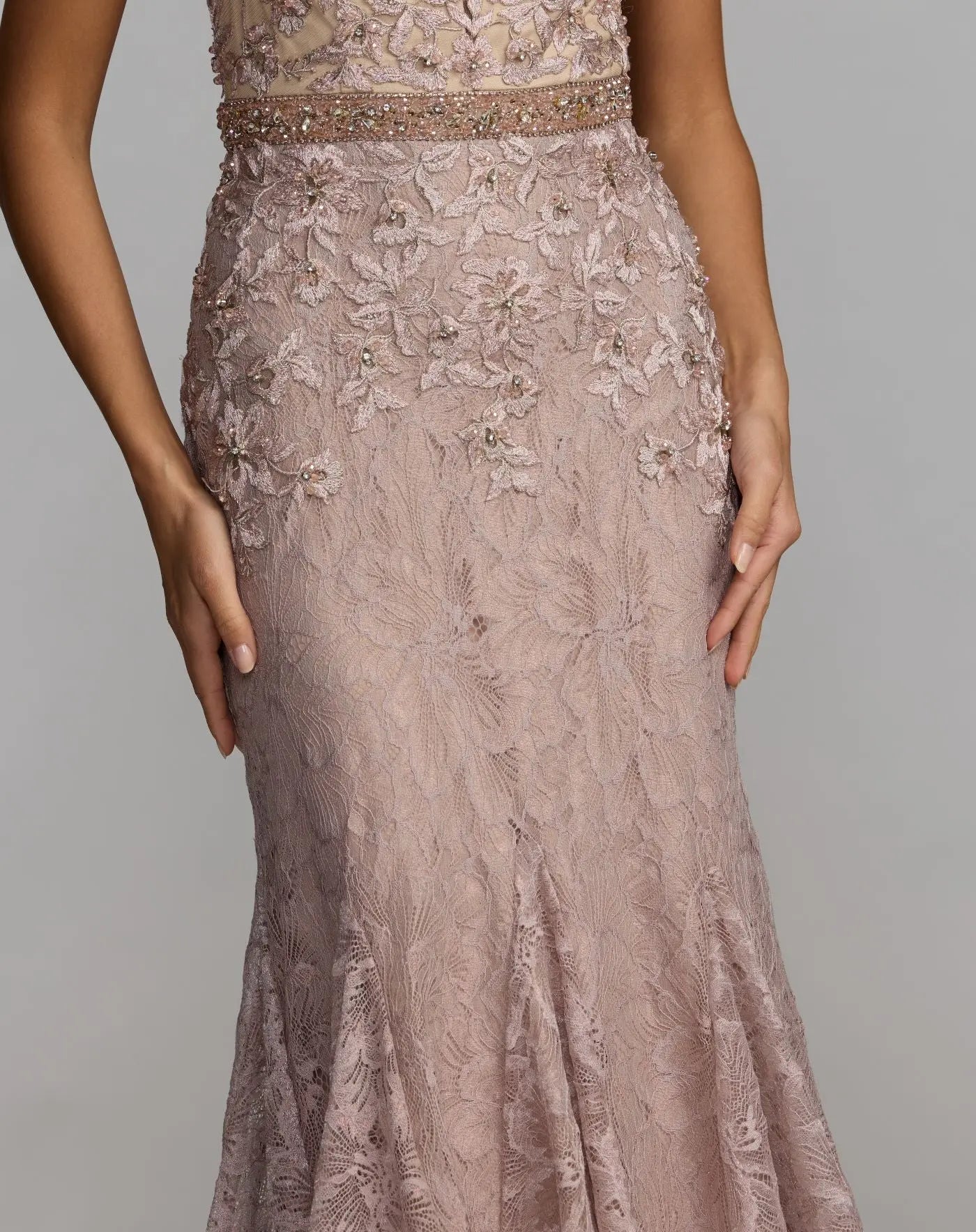 Pink Embellished Lace Illusion Neck Gown With 3D Flowers