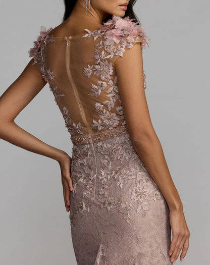 Pink Embellished Lace Illusion Neck Gown With 3D Flowers