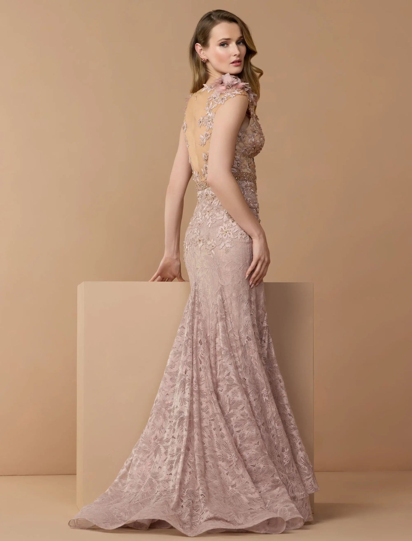 Pink Embellished Lace Illusion Neck Gown With 3D Flowers