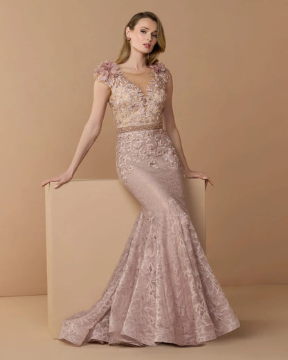 Pink Embellished Lace Illusion Neck Gown With 3D Flowers