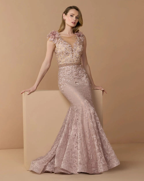 Pink Embellished Lace Illusion Neck Gown With 3D Flowers