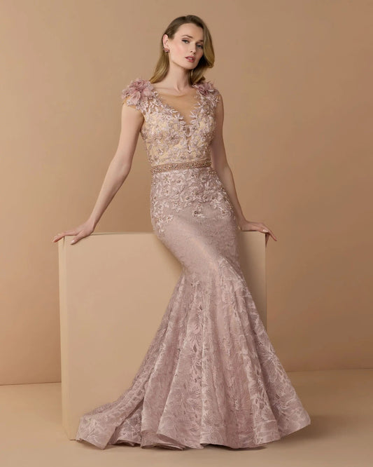 Pink Embellished Lace Illusion Neck Gown With 3D Flowers