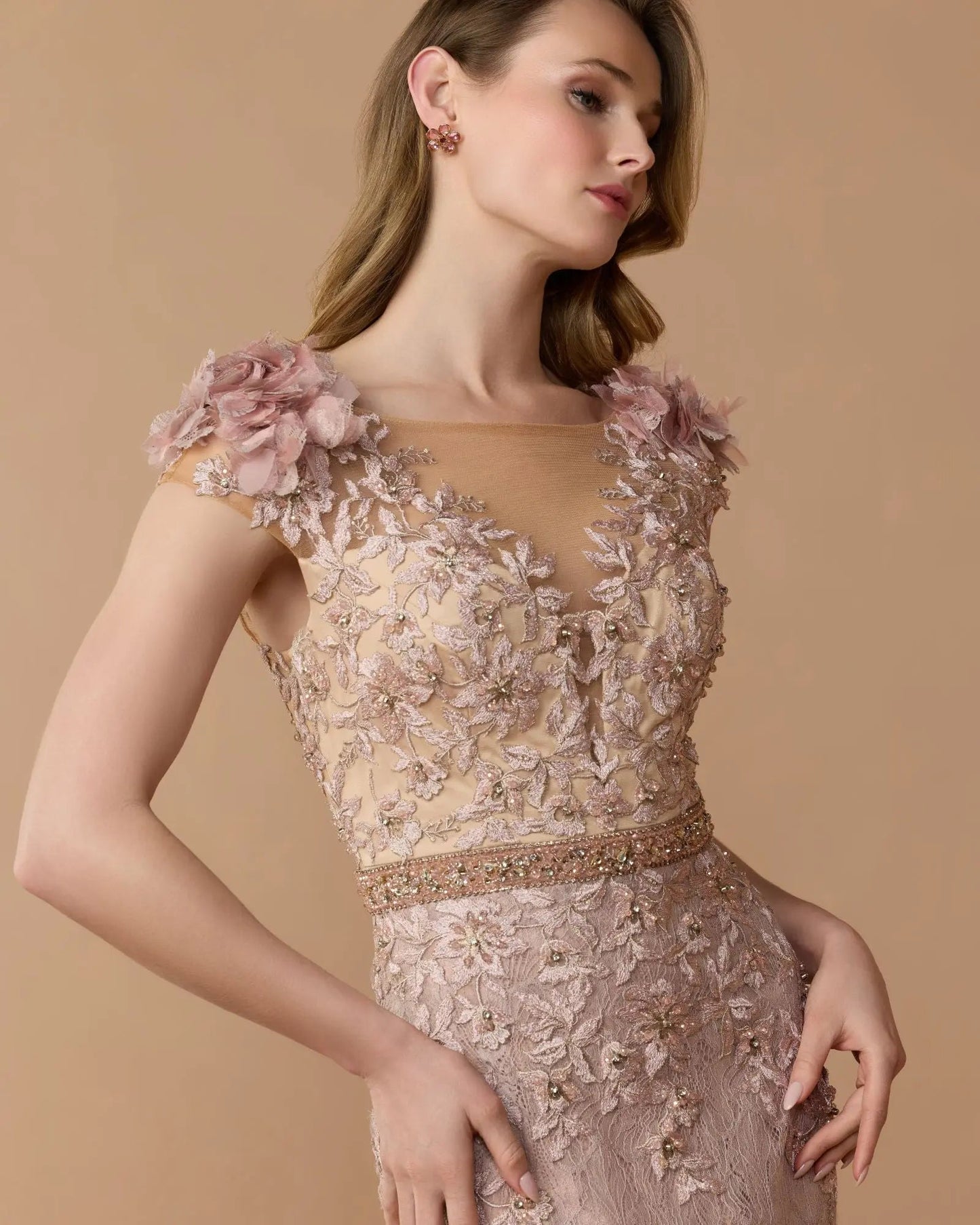 Pink Embellished Lace Illusion Neck Gown With 3D Flowers
