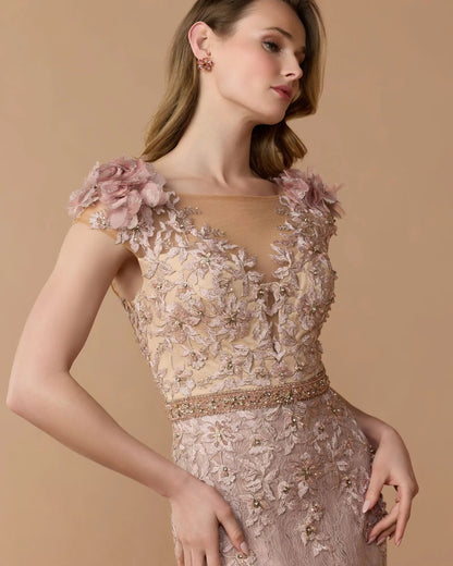 Pink Embellished Lace Illusion Neck Gown With 3D Flowers