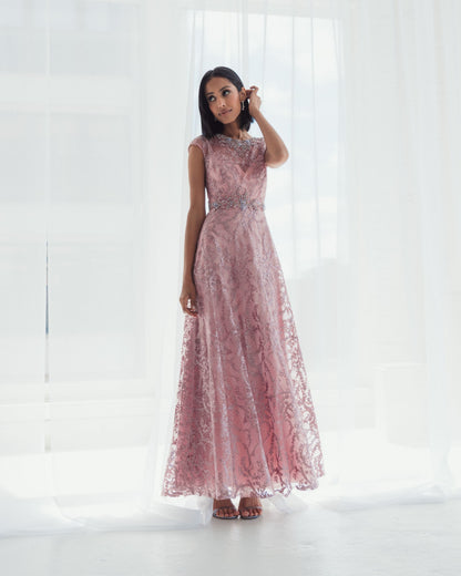 Pink Embroidered Cap Sleeve A Line Gown