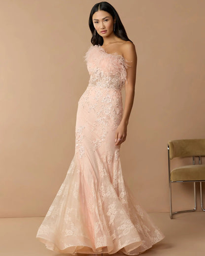 Pink One Shoulder Feather Embellished Mermaid Gown