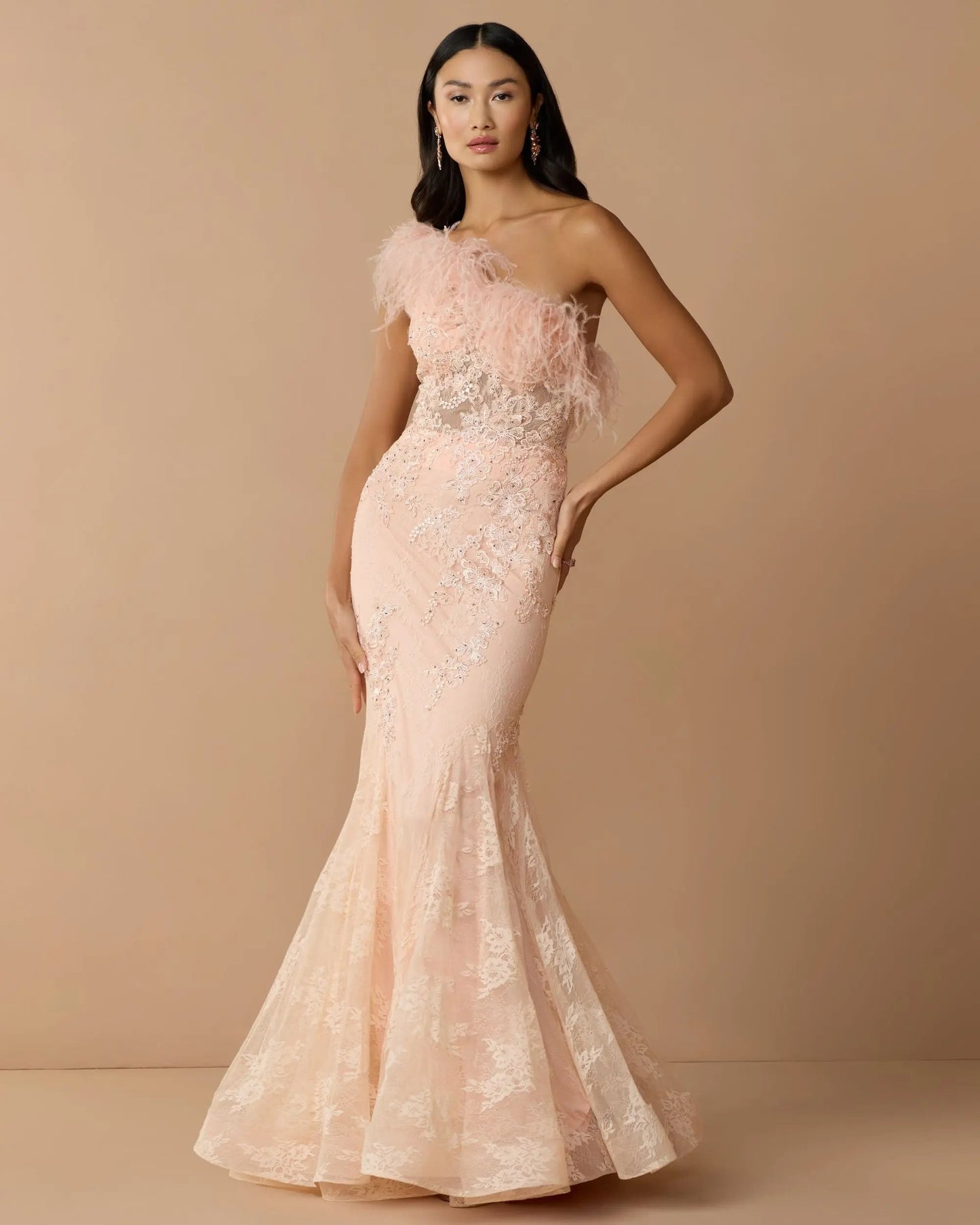Pink One Shoulder Feather Embellished Mermaid Gown