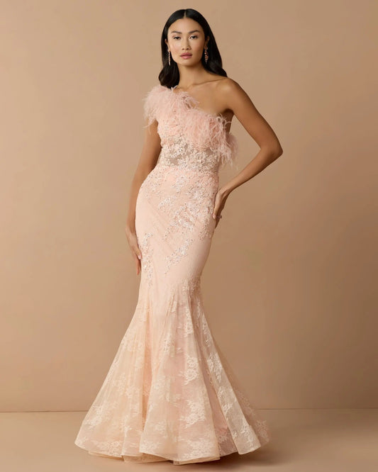 Pink One Shoulder Feather Embellished Mermaid Gown