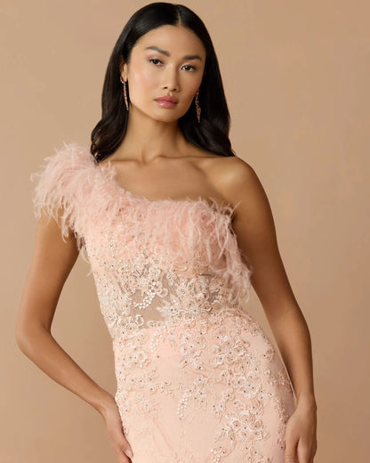 Pink One Shoulder Feather Embellished Mermaid Gown