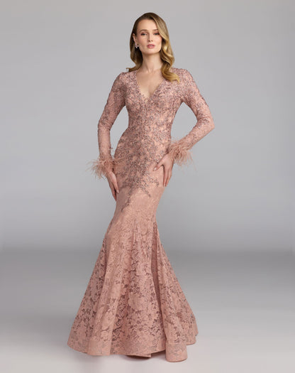 Pink Long Sleeve Feather Embellished Mermaid Gown