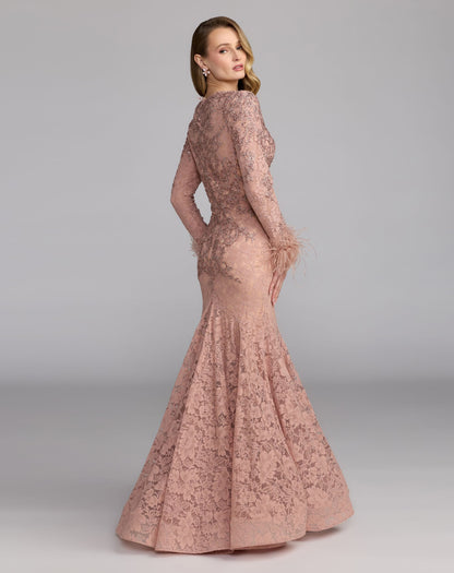 Pink Long Sleeve Feather Embellished Mermaid Gown